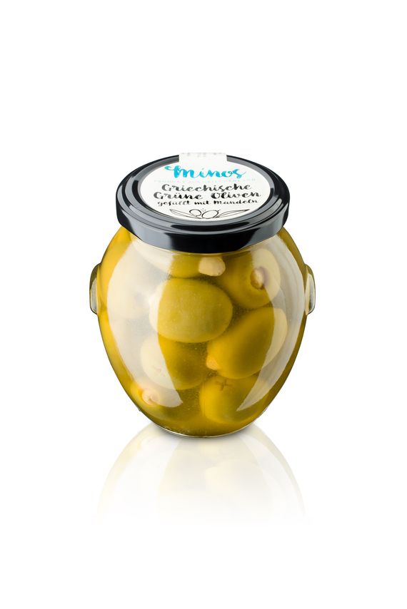 Griechische grünen Oliven gefüllt mit ganzen Mandeln im 370ml-Glas