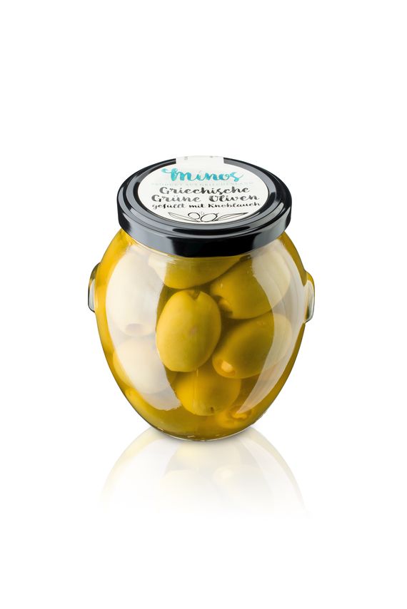 Griechische grünen Oliven gefüllt mit Knoblauchzehen im 370ml-Glas